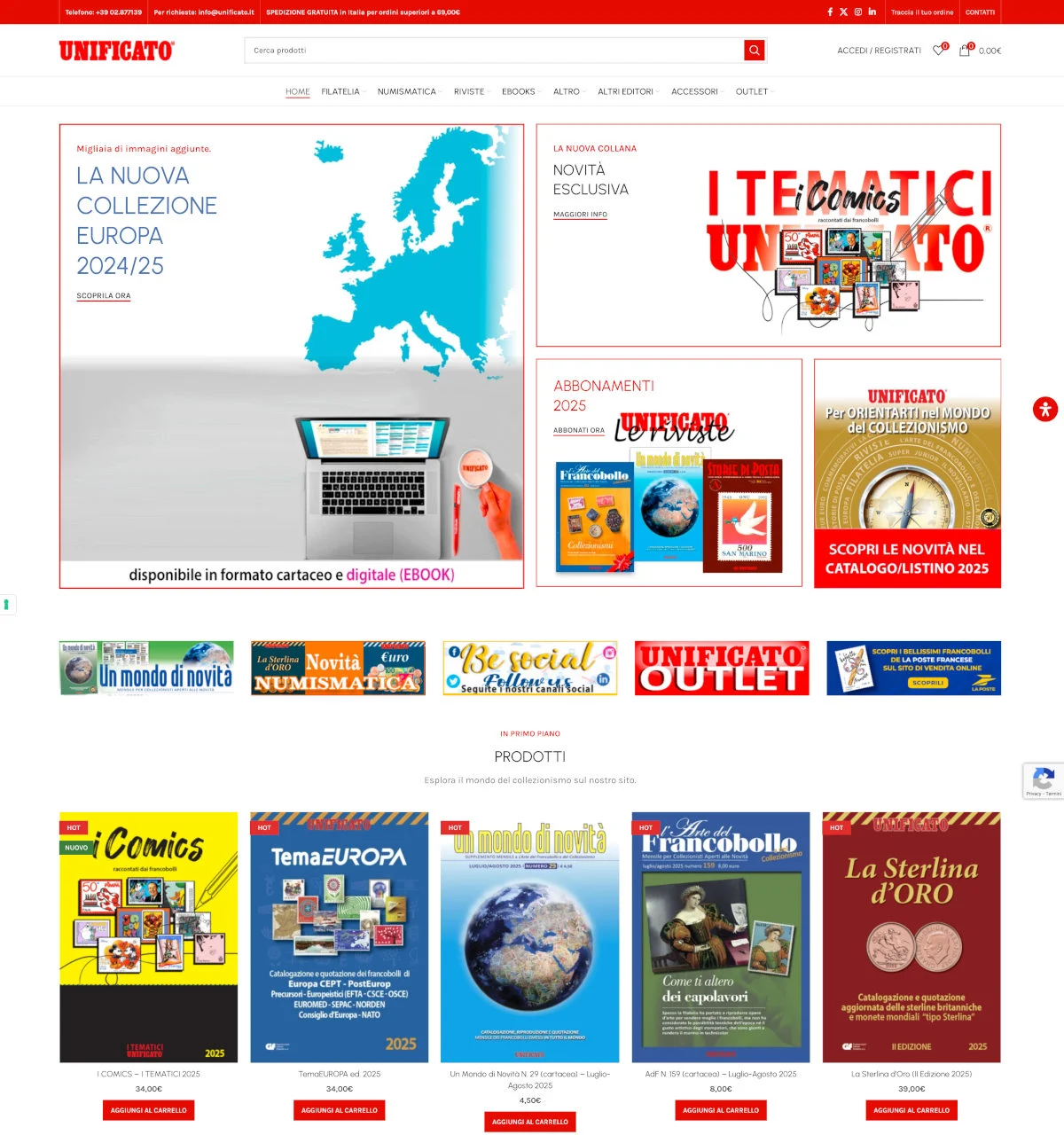 Schermata dell'E-commerce per collezionismo realizzato per Unificato