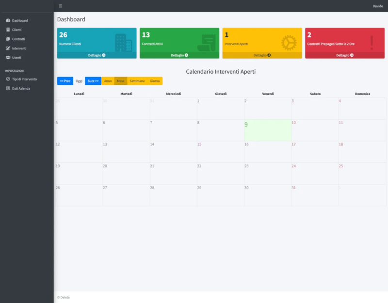 Gestione Contratti Schermata del backend dell'applicazione web Gestione Interventi Tecnici