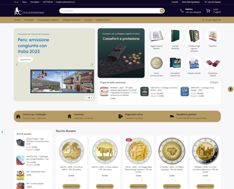 home – rccollezionismo Schermata dell'E-commerce per collezionismo realizzato per RC Collezionismo