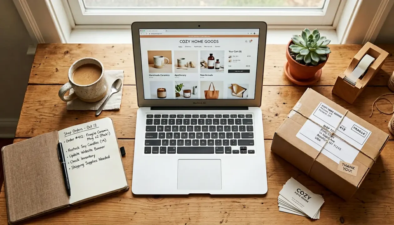 Postazione di lavoro di un e-commerce artigianale: laptop con negozio online aperto, taccuino con lista ordini da evadere e pacchi pronti per la spedizione